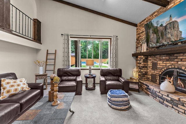 8409 Knollwood Dr, Mounds View, MN 55112 - carpeted living room featuring beam ceiling, a fireplace, high vaulted ceiling, and a textured ceiling