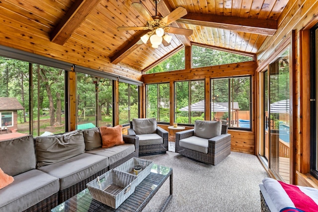8409 Knollwood Dr, Mounds View, MN 55112 - living area with ceiling fan, wooden ceiling, and carpet flooring