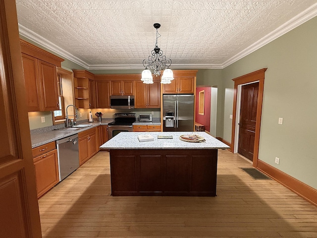 78994 160th St, Sacred Heart, MN 56285 - kitchen with appliances with stainless steel finishes, a sink, open shelves, a kitchen island, and a chandelier