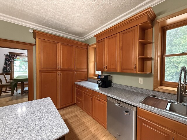 78994 160th St, Sacred Heart, MN 56285 - kitchen with stainless steel dishwasher, a sink, light wood-type flooring, brown cabinets, and an ornate ceiling