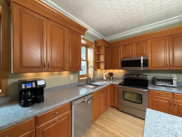 78994 160th St, Sacred Heart, MN 56285 - kitchen featuring appliances with stainless steel finishes, a sink, light wood finished floors, an ornate ceiling, and open shelves