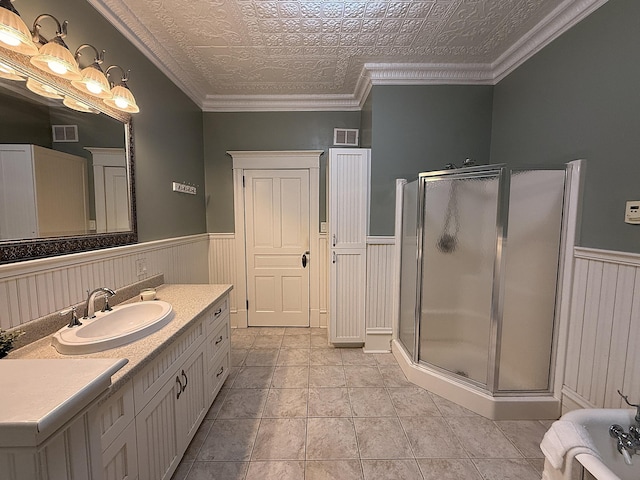 78994 160th St, Sacred Heart, MN 56285 - full bath featuring a stall shower, vanity, a wainscoted wall, and an ornate ceiling
