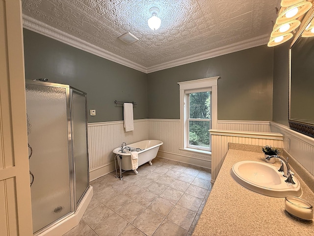 78994 160th St, Sacred Heart, MN 56285 - bathroom featuring a stall shower, wainscoting, a soaking tub, and vanity
