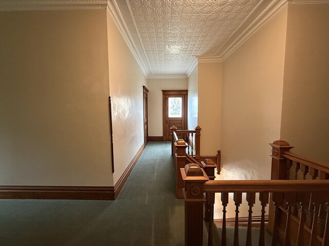 78994 160th St, Sacred Heart, MN 56285 - corridor with an upstairs landing, carpet floors, an ornate ceiling, baseboards, and crown molding
