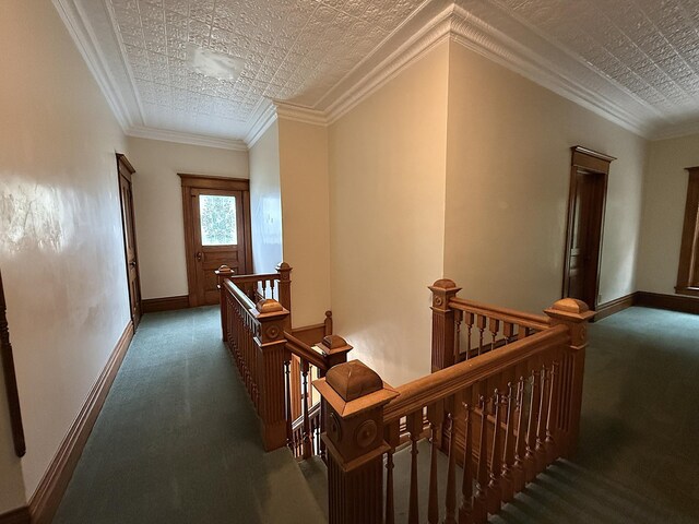 78994 160th St, Sacred Heart, MN 56285 - hall featuring an upstairs landing, carpet, baseboards, an ornate ceiling, and ornamental molding