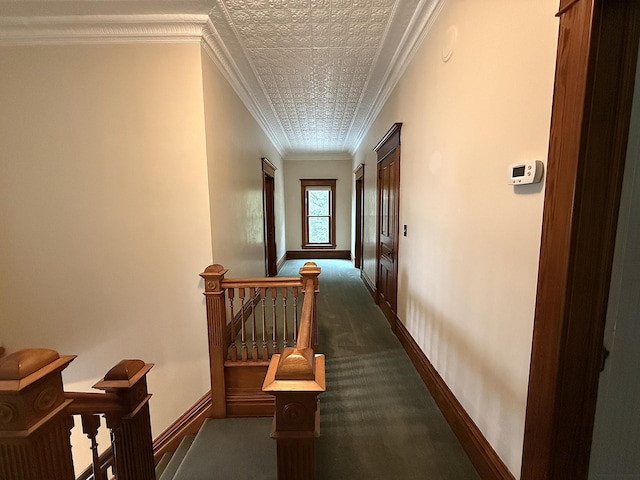 78994 160th St, Sacred Heart, MN 56285 - corridor with an upstairs landing, an ornate ceiling, baseboards, ornamental molding, and dark carpet
