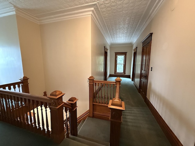 78994 160th St, Sacred Heart, MN 56285 - hallway with an upstairs landing, carpet, baseboards, and crown molding