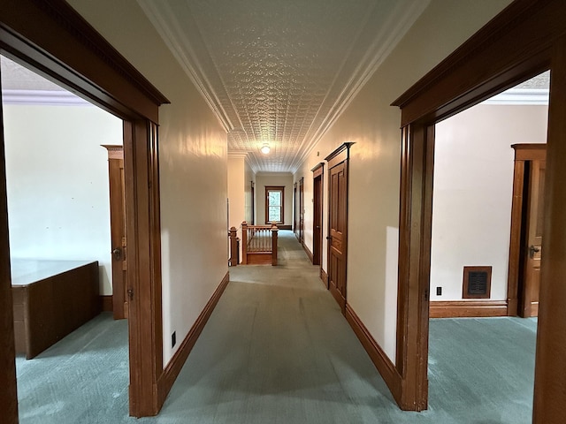 78994 160th St, Sacred Heart, MN 56285 - corridor featuring carpet, ornamental molding, an upstairs landing, and baseboards