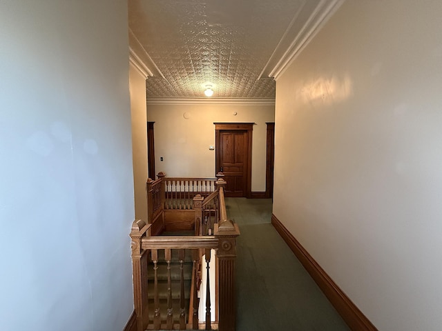 78994 160th St, Sacred Heart, MN 56285 - hall with an ornate ceiling, an upstairs landing, crown molding, carpet flooring, and baseboards