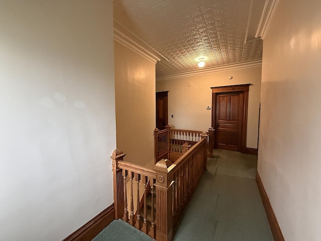 78994 160th St, Sacred Heart, MN 56285 - hallway featuring an upstairs landing, crown molding, baseboards, and an ornate ceiling