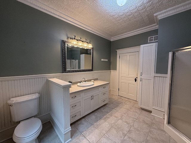 78994 160th St, Sacred Heart, MN 56285 - bathroom featuring vanity, a shower stall, an ornate ceiling, wainscoting, and crown molding