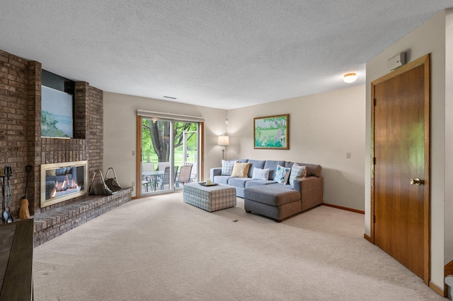 4540 Niagara Ln N, Plymouth, MN 55446 - living area with carpet flooring, a brick fireplace, and a textured ceiling