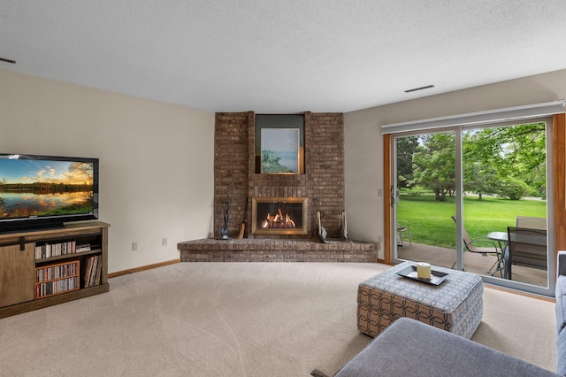 4540 Niagara Ln N, Plymouth, MN 55446 - carpeted living area with a textured ceiling and a fireplace