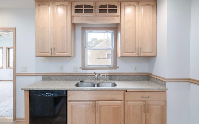 1368 Dale St N, Saint Paul, MN 55117 - kitchen featuring black dishwasher, light brown cabinets, and glass insert cabinets