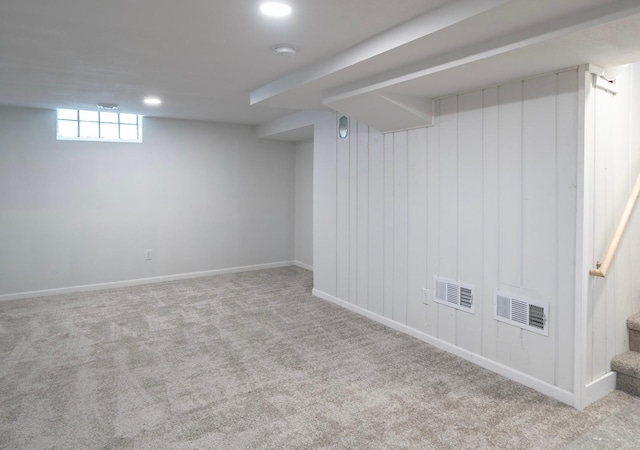 1368 Dale St N, Saint Paul, MN 55117 - below grade area featuring carpet, stairway, and recessed lighting