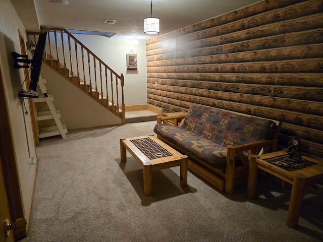 44416 Georgia Ave, Harris, MN 55032 - carpeted living room featuring a textured ceiling and stairs