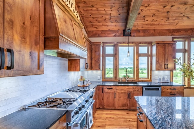 29437 141st Ave, Lanesburgh Twp, MN 56071 - kitchen with stainless steel appliances, wood ceiling with exposed beams, brown cabinets, plenty of natural light, and a sink