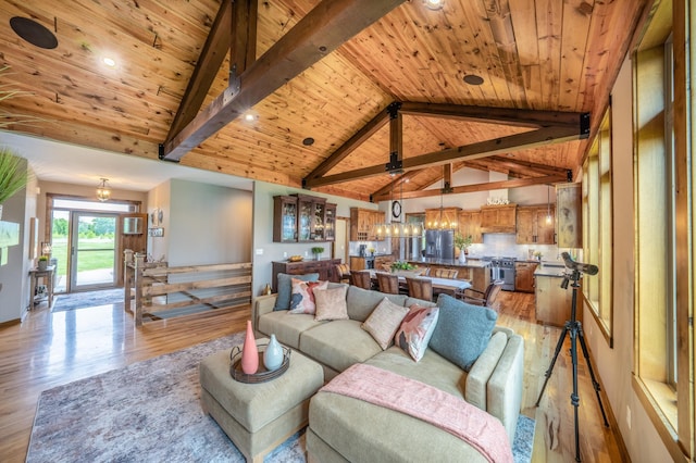 29437 141st Ave, Lanesburgh Twp, MN 56071 - living room with light wood-style floors, wood ceiling, and recessed lighting