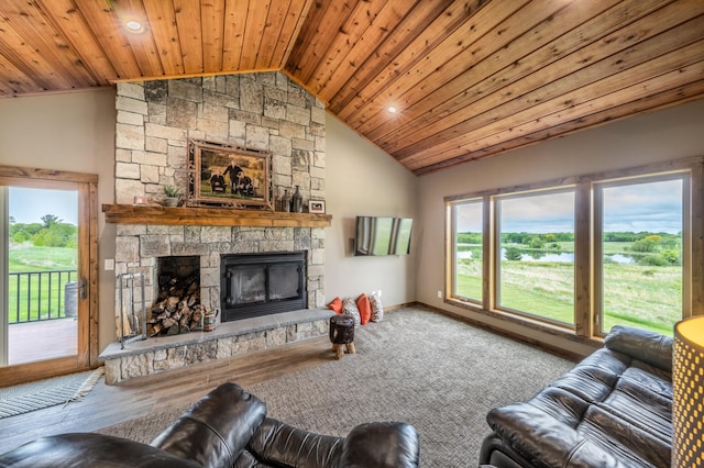 29437 141st Ave, Lanesburgh Twp, MN 56071 - living area with lofted ceiling, wood ceiling, a fireplace, and baseboards