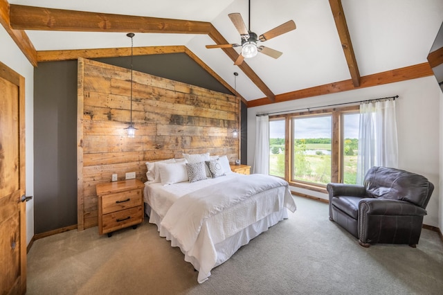 29437 141st Ave, Lanesburgh Twp, MN 56071 - bedroom with light colored carpet, wood walls, baseboards, and a ceiling fan