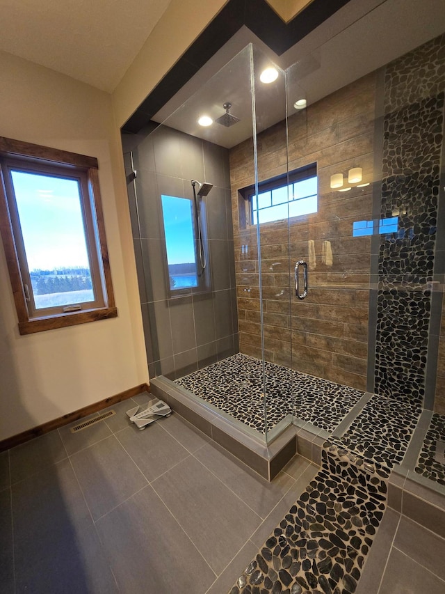 29437 141st Ave, Lanesburgh Twp, MN 56071 - bathroom with baseboards, a shower stall, tile patterned floors, and recessed lighting