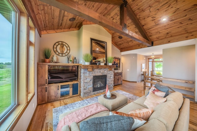 29437 141st Ave, Lanesburgh Twp, MN 56071 - living room with wooden ceiling, hardwood / wood-style floors, and a fireplace