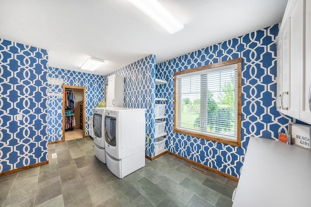 29437 141st Ave, Lanesburgh Twp, MN 56071 - washroom with wallpapered walls, independent washer and dryer, baseboards, and cabinet space