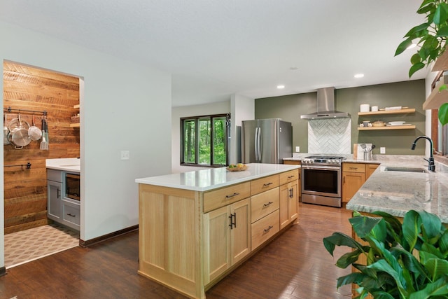 303 Cove Rd, Troy Twp, WI 54016 - kitchen featuring appliances with stainless steel finishes, wall chimney exhaust hood, a sink, open shelves, and dark wood finished floors