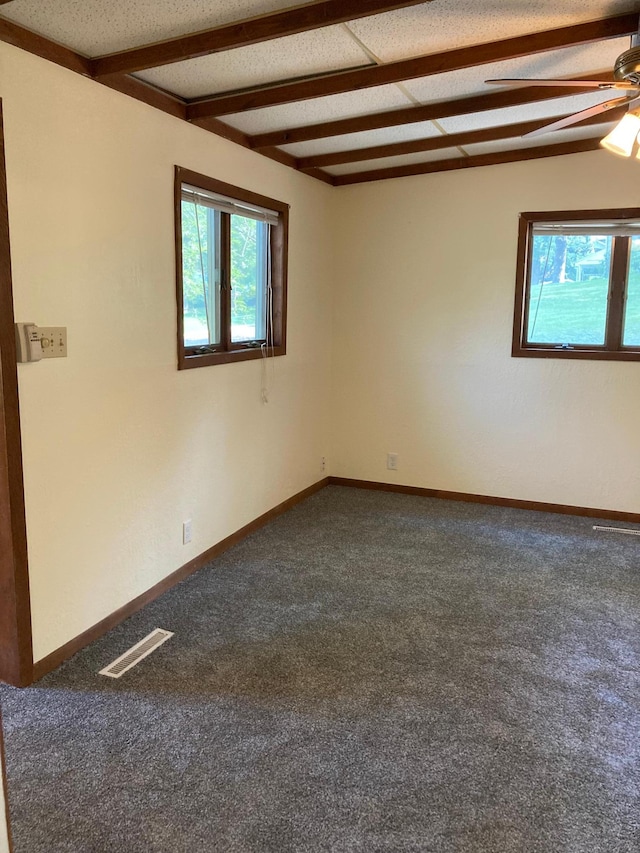 643 Miller Ave, Windom, MN 56101 - unfurnished room with healthy amount of natural light, dark colored carpet, a ceiling fan, beam ceiling, and baseboards