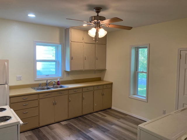 643 Miller Ave, Windom, MN 56101 - kitchen with a sink, freestanding refrigerator, wood finished floors, stove, and recessed lighting