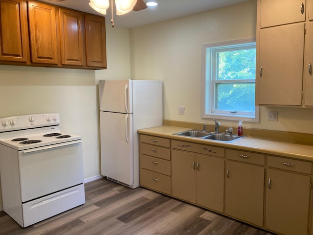 643 Miller Ave, Windom, MN 56101 - kitchen with white appliances, a sink, wood finished floors, and light countertops