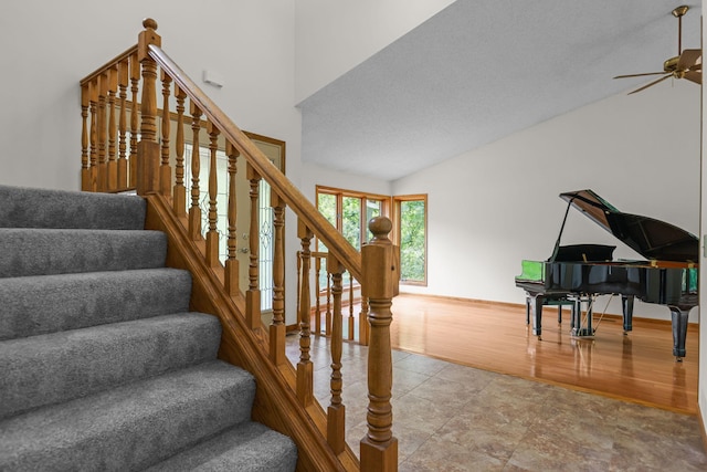 11960 Albavar Path, Inver Grove Heights, MN 55077 - stairway featuring a ceiling fan, lofted ceiling, and wood finished floors