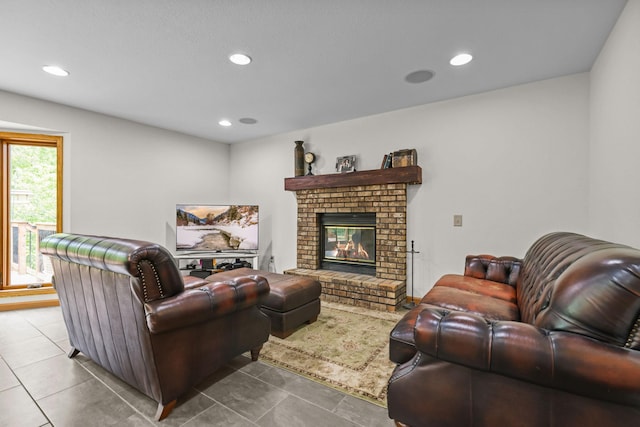 11960 Albavar Path, Inver Grove Heights, MN 55077 - living area with a brick fireplace, recessed lighting, and tile patterned floors