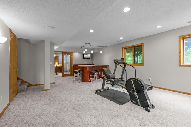 11960 Albavar Path, Inver Grove Heights, MN 55077 - workout area with bar with sink, light carpet, a textured ceiling, baseboards, and recessed lighting