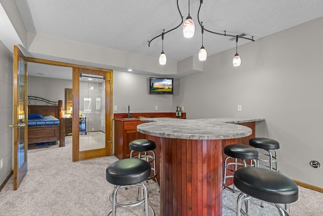 11960 Albavar Path, Inver Grove Heights, MN 55077 - indoor wet bar with light carpet, decorative light fixtures, a textured ceiling, and baseboards