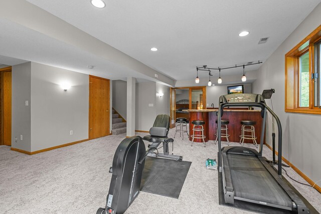 11960 Albavar Path, Inver Grove Heights, MN 55077 - exercise room with bar, light carpet, baseboards, and recessed lighting