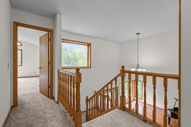 11960 Albavar Path, Inver Grove Heights, MN 55077 - hallway featuring an upstairs landing, carpet, a textured ceiling, and a chandelier