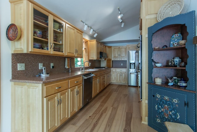 27488 Ridgewood Dr, Merrifield, MN 56465 - kitchen with appliances with stainless steel finishes, light wood-type flooring, a sink, lofted ceiling, and track lighting