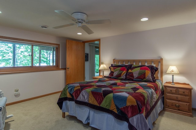 27488 Ridgewood Dr, Merrifield, MN 56465 - bedroom with light carpet, recessed lighting, baseboards, and ceiling fan