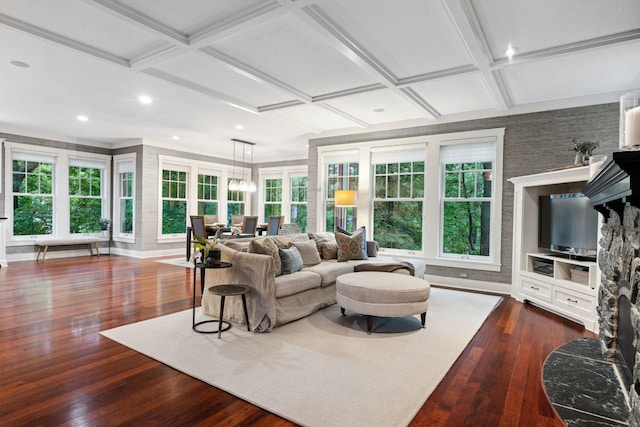 1501 June Ave S, Golden Valley, MN 55416 - living room featuring coffered ceiling, dark wood-style flooring, plenty of natural light, beamed ceiling, and recessed lighting