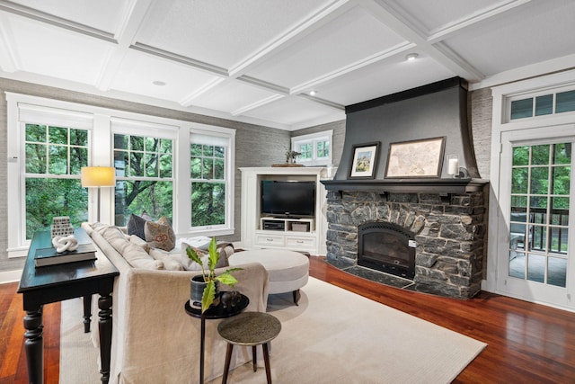 1501 June Ave S, Golden Valley, MN 55416 - living area featuring coffered ceiling, wood finished floors, a stone fireplace, and beamed ceiling