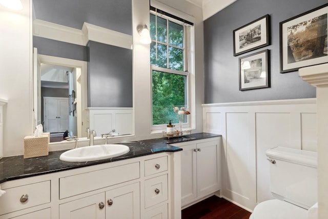 1501 June Ave S, Golden Valley, MN 55416 - bathroom featuring a decorative wall, vanity, a wainscoted wall, and wood finished floors