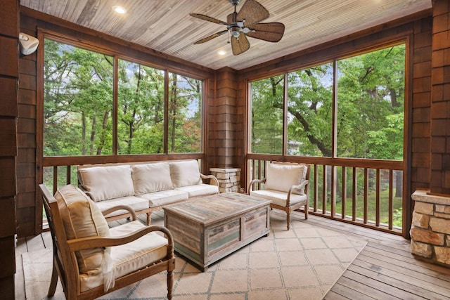 1501 June Ave S, Golden Valley, MN 55416 - sunroom / solarium featuring a ceiling fan, outdoor lounge area, a deck, wood ceiling, and wood-type flooring