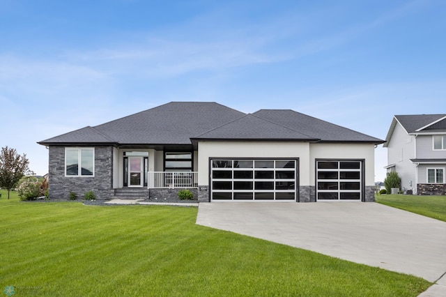 3004 6th St E, West Fargo, ND 58078 - view of front facade with stone siding, an attached garage, covered porch, and stucco siding