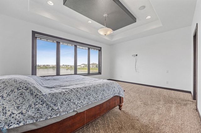 3004 6th St E, West Fargo, ND 58078 - carpeted bedroom featuring a tray ceiling, baseboards, recessed lighting, and a water view