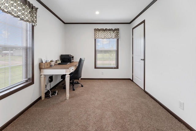 16536 Hook Cir, Pokegama Twp, MN 55030 - home office featuring crown molding, carpet, and recessed lighting