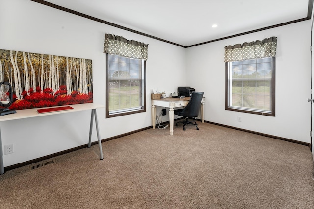 16536 Hook Cir, Pokegama Twp, MN 55030 - office area with carpet, ornamental molding, and recessed lighting