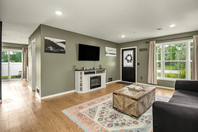 1146 100th Dr NE Unit A, Blaine, MN 55434 - living room with light wood-type flooring, a glass covered fireplace, and recessed lighting