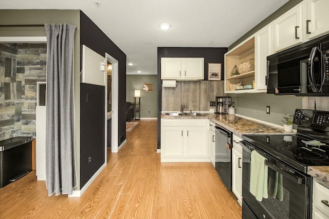 1146 100th Dr NE Unit A, Blaine, MN 55434 - kitchen featuring black appliances, white cabinetry, light wood-type flooring, open shelves, and recessed lighting