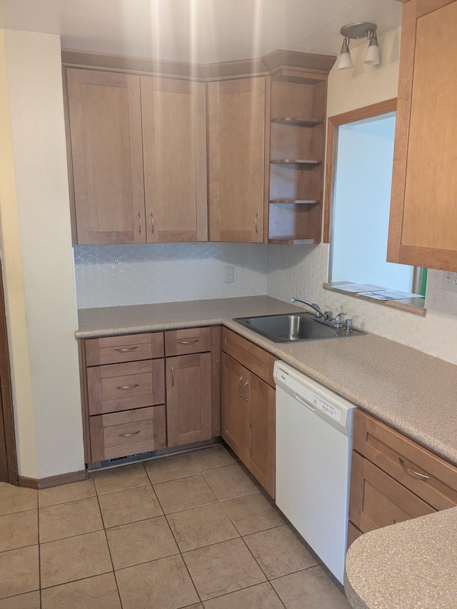 1193 County Road B E, Maplewood, MN 55109 - kitchen featuring white dishwasher, light countertops, light tile patterned flooring, open shelves, and light brown cabinets